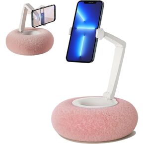 Phone Holder for Bed,Dual Axis Arm 360°Adjustable Angle Height,Bed Phone Holder Laying Downd,Detachable Soft Plush Fabric,Phone Pillow Stand for 4-7" Phones,Pink