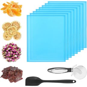 8PCS Silicone Dehydrator Trays with Edge Fruit Leather Trays 12 x 10 Inch Non-stick Dehydrator Mats with Silicone Scraper Cutter Wheel for Fruit Vegetables Meat Herbs and Liquid