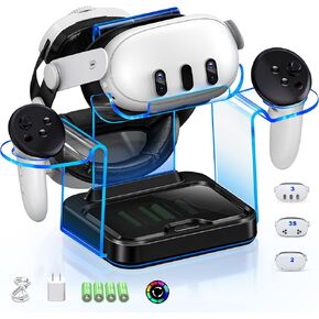 Charging Dock for Meta Quest 3 / 3S / 2 with 4 Rechargeable Controller Batteries,Fast Charging Station for Oculus Quest 3 / 2 with LED Light,VR Headset Display Stand Meta 3 Accessories USB C Cable