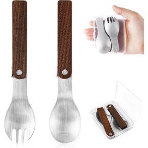 Foldable Fork and Spoon Set, 2pcs Portable Folding Spoon and Fork Set With Plastic Storage Case, Foldable Spoon Portable Fork With Wooden Handle For Travel Camping Outdoors Picnic