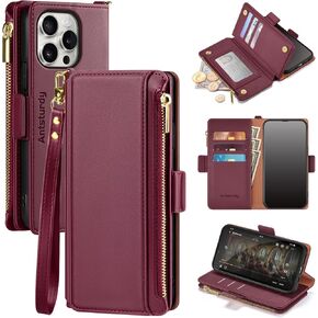 Antsturdy for iPhone 14 Pro Wallet Case【RFID Blocking】 PU Leather Phone Case Women Men flip Shockproof Protective Cover with Strap Zipper Pocket Credit Card Holder Slots,for Apple 14 Pro,Wine Red