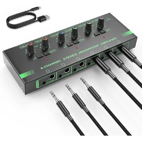 HOSONGIN 4 Channel Headphone Amplifier, Portable Mini Earphone Splitter with Independent Volume Control, Low Noise Stereo Output, Compatible with 1/4" & 1/8" TS/TRS, Ideal for Studio Stage