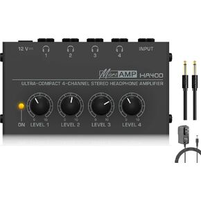 Headphone Amplifier with Audio Cable, HA400 4-Channel Metal Stereo Audio Amplifier, Mini Earphone Splitter W/ 1/4" TRS & DC 12V Power Adapter, for Sound Mixer PC Guitar Studio Stage (Black)