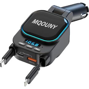 MQOUNY Retractable Car Charger,4 in 1 Fast Car Phone Charger 96W,2 Retractable Cables with Bluetooth 5.3 FM Transmitter Hands-Free Calling,Gift for Men Women, Car Accessories USBC Car Charger Adapter