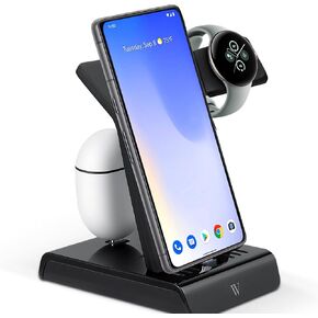 Wasserstein 3-in-1 Wired Charging Station Made for Google Pixel, Pixel Buds, Fitbit Charge 5, 6, Versa 3, 4, Sense, Sense 2, Ace LTE & Pixel Watch 3 - NOT Compatible with Pixel Watch - (Black)