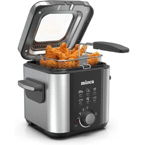 minca 1.6 Quart Deep Fryer, Removable Lid with Odor Filter and Viewing Window, Immersion Frying Basket with Heat-insulated Foldable Handle, Adjustable Temperature, Stainless Steel