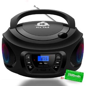 Klim Boombox Portable Audio System. FM Radio, CD Player, Bluetooth, MP3, USB, AUX + Includes Rechargeable Batteries + Wired & Wireless Modes (Renewed)