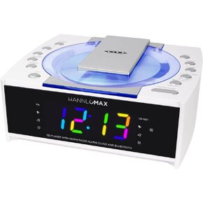 HANNLOMAX HX-336CD CD Player with Alarm Clock Radio, 1.2" RGB LED Display, Bluetooth, Digital Clock with Dual Alarm, Aux-in, AC Operation only. (White)