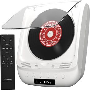 Portable CD Player, Bluetooth & Aux, White with Remote Control & Speakers, Supports MP3, WMA, WAV, 2600mAh Battery, Optical Output