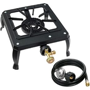 Small Portable 15,000 BTU Propane Camping Stove – High Pressure Cast Iron Burner with Regulator and 5 ft Gas Hose, Impact-Resistant – Ideal for Outdoor BBQ, Hiking, Tailgating, and Camping Cooking
