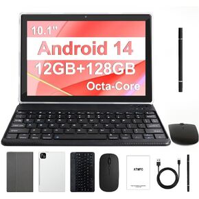 Android 14 Tablet, 10 Inch Tablet 12GB (4+8 Expand) RAM 128GB ROM, 1TB Expandable, Octa-Core Tablet with Keyboard, Mouse, Stylus, 1280 * 800 IPS, 6000mAh Battery, WiFi 6,BT 5.4, Dual Camera