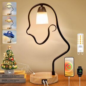 Touch Control Modern Table Lamp - Creative Hat Desk Lamp with USB C and A Ports, Cute Bedside Lamp, Wooden Base,Glass Shade, Unique Lamps for Home Decor, Living Room, Gifts (Hat Not Included)