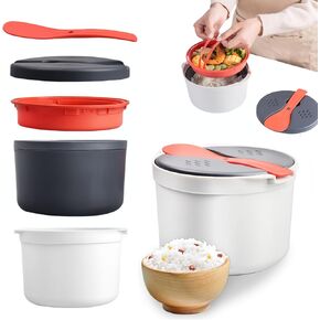 Qivine Microwave Rice Cooker, 2L Microwave Pasta Cooker 2 Layer Microwave Vegetable Steamer with Strainer Non-Stick Rice Cooker for Microwave Dishwasher Safe