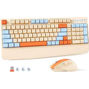 MEETION Colorful Wireless Keyboard and Mouse, Cute Retro Keycap, Bluetooth Ergonomic Rechargeable Keyboard with Detachable Wrist Rest Cover, 4 DPI Swing Mouse, for Windows/Mac/Computer/Laptop/PC Cream