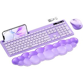 seenda Wireless Keyboard and Mouse with Cloud Wrist Rest, Full-Size Cute Keyboard with Phone Holder, USB A&Type C Receiver, Cordless Connection for Mac/Windows/PC, Purple