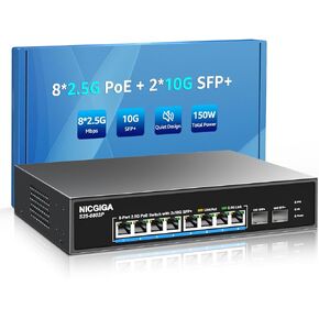 8 Port 2.5G PoE Switch Unmanaged with 8 Port 2.5Gb Base-T PoE+@130W + 2 x 10G SFP+ Uplink, NICGIGA 10 Port 2.5Gbe IEEE802.3af/at Power Over Ethernet Switch, Support WiFi6 AP, NAS, 4K PoE Camera NVR.