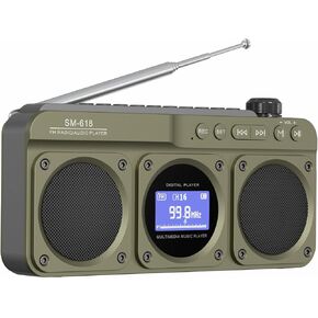 Digital FM Radio with Bluetooth Speaker, Small Handheld Rechargeable FM Radio with Double Speakers and Headphone Jack, Support Micro SD/USB Play