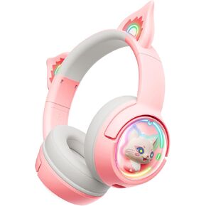 Cute Cat Bluetooth Headphones, Wireless & Wired Mode Headset with Mic, RGB LED Light, for Girls Women School Gaming, Compatible with Mobile Phones Tablet