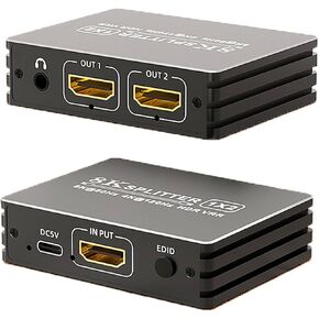 8K HDMI 2.1 Splitter 1 in 2 Out, 1x2 HDMI Splitter Support 8K@60hz, 4K@120hz, EDID, 48Gbps, 3D, HDR 10+, HDCP2.3, Dolby Vision, 3.5mm Audio Output, Mirror Dual Monitors for PS5 SkyQ Xbox NVIDIA AMD NS