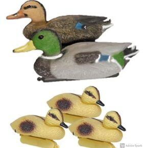 Floating Duck Decoy Family Pack, Contains One Male Mallard (Drake), One Female Mallard (Hen) and 3 Ducklings, Decoy, Yard Decoration