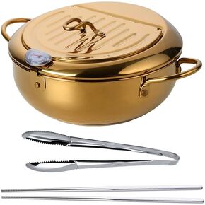 Japanese Style Tempura Frying Pot, 304 Stainless Steel Golden Deep Fryer Pot with Lid, 9.8"/2.8Qt Small Tempura Fryer Pot with Tmperature Control and Oil Filtration, Dishwasher Safe in Saudi Arabia