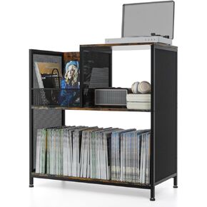 Large Record Player Stand with Vinyl Storage, 3-Tier Vinyl Record Storage for 300 Albums, Wood & Metal Turntable Stand with Custom Dividers for Vinyl Records, CDs, Albums, Black