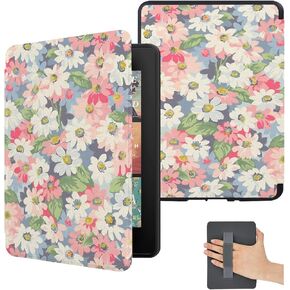 Cover for All New 7 Inch Kindle Paperwhite 12th Gen 2024/ Kindle Colorsoft Signature Edition Cute Case with Hand Strap, with Flower PU Leather for Women, Auto Wake/Sleep, Teal Blue Bloom