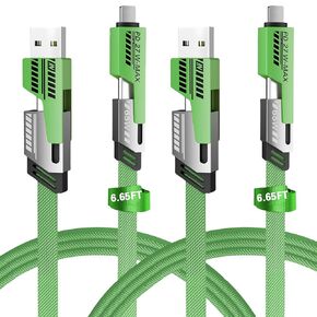 2Pack 4 in 1 Fast Charging Cable, Transferring Data, 6.65 Ft, Braided Cable 65W, USB C USB A and IP, Multiple Charging Cable for Phone/Pad/More (Green)