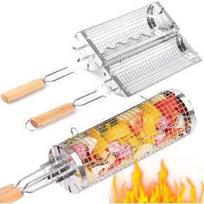 Rolling Grill Basket, Double-Handle Flip Grill Cylinders, BBQ Accessories for Vegetables, Outdoor Barbecue Cooking Camping Tools, Christmas Birthday Gifts for Men Dad Husband