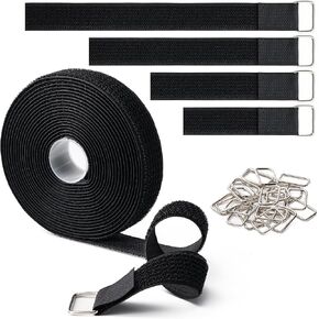 1"x16Ft Hook and Loop Straps with 25 Metal Buckles, Adjustable Fastening Cable Straps, Free Cut Length, Reusable Nylon Cable Ties for Organizer or Storage, Black