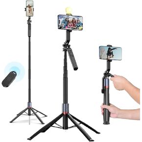72" StakeShot Floor-Standing Telescopic Phone Holder Selfie Stick Tripod with Ground Stakes, 360° Rotating, Five-Axis Stabilization, Eligible for Fill Light & Bluetooth Remote, Outdoor Portable