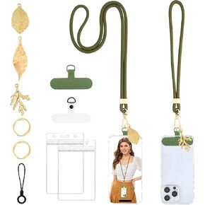 Yiflin Phone Lanyard Set with 3 Cute Leaf Charm Compatible -1×Phone Wrist & Neck Strap,2× Phone Tether Tab,2×ID Card Holder