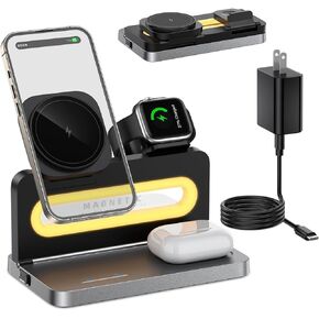4 in 1 Foldable Magnetic Nightstand Wireless Charging Station for Apple Multiple Devices –15W Fast Mag-Safe Wireless Charger Stand Dock for iPhone 16 15 14 13 12 Series, Apple Watch,AirPod with Light