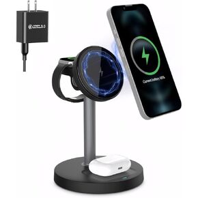 Wireless Charger, 3 in 1 Wireless Charging Station, Fast Wireless Charger Stand for iPhone16 15 14 13 12 11 Pro Max XR XS 8 Plus, for Apple Watch 8 7 6 5 4 3 2 SE AirPods (White)