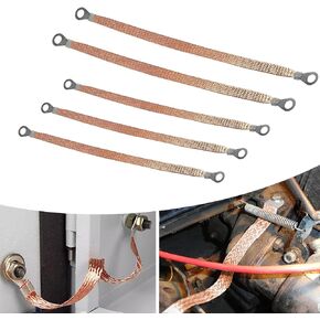 Pack-5 Car Grounding Strap Kit, 13" + 10" Braided Copper Flexible Engine Cable Strap, Multi-function Distribution Box Jumper Bridge Connection Wire Accessories, Universal for Cars (Gold)