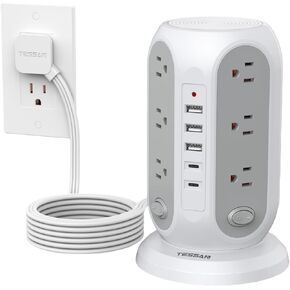 Tower Power Strip with Individual Switches, TESSAN Surge Protector with 12 Outlets, 5 USB Ports(2 USB C), Flat Extension Cord 10 Ft, Flat Plug, Charging Station for Multiple Devices, for Office, Dorm