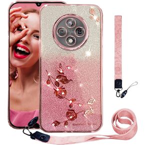 CCSmall Bling Case for Xiaomi Redmi 14C 4G with Crossbody Lanyard, Cute Sparkle Glitter Diamond Flower Shoulder Strap Wristband Protective Case Cover for Xiaomi Redmi 14C 4G YSH Rose
