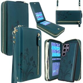 Lacass for Samsung Galaxy S25 Ultra Wallet Case,Crossbody Dual Zipper Detachable Magnetic Leather Wallet Case Cover Wristlets Wrist Strap 13 Card Slots Money Pocket(Floral Cyan Green)