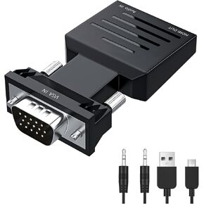 محول VGA إلى HDMI لـ Monitor ، VGA إلى HDMI المحول المناسب لأجهزة الكمبيوتر المحمولة ، أجهزة الكمبيوتر القديمة ، الشاشات ، جهاز العرض ؛ مزود بكابل صوت Aux Jack 3.5 مم وكابل USB صغير