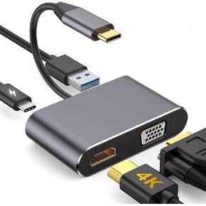 4-in-1 USB C Hub Adapter USB VGA Type C with 4K HDMI, 1080P VGA, USB 3.0, and PD 3.0, for Nintendo Switch, MacBook/MacBook Pro/Galaxy Note 9/S9/S8/Huawei P20, and Other USB C Devices