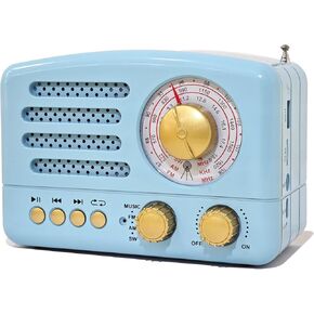 Retro Portable AM FM Vintage Radio Shortwave Radio with Bluetooth, Portable Transistor Radio Receiver, Rechargeable Battery Operated, Support TF Card AUX USB MP3 Player for Elder (Blue)