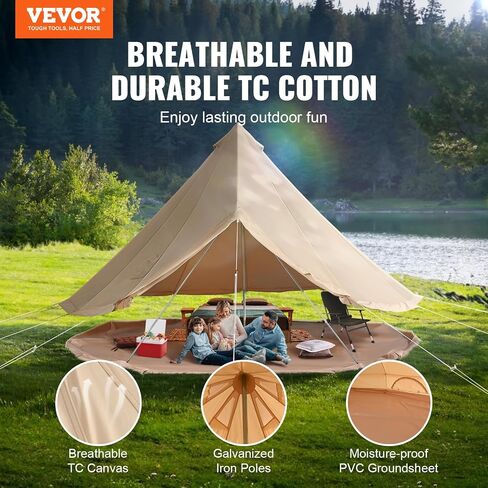 VEVOR Canvas Tent Bell Tent, Yurt Tent 4 Seasons for Camping with Stove Jack, Breathable Tent Holds up to 4 People, Family Camping Outdoor Hunting Party in Saudi Arabia