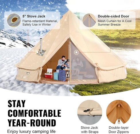 VEVOR Canvas Tent Bell Tent, Yurt Tent 4 Seasons for Camping with Stove Jack, Breathable Tent Holds up to 4 People, Family Camping Outdoor Hunting Party in Saudi Arabia