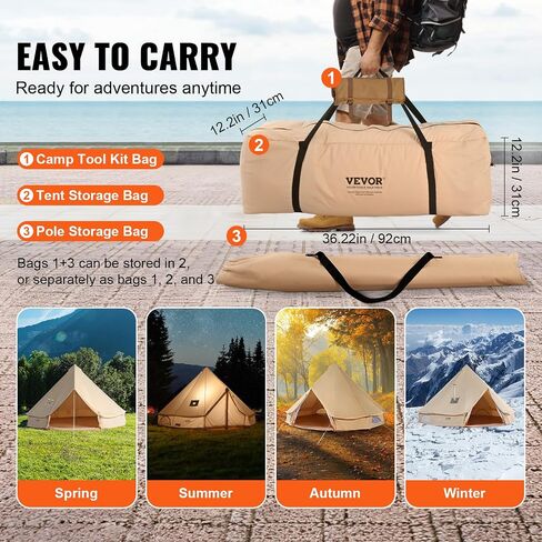 VEVOR Canvas Tent Bell Tent, Yurt Tent 4 Seasons for Camping with Stove Jack, Breathable Tent Holds up to 4 People, Family Camping Outdoor Hunting Party in Saudi Arabia