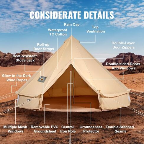 VEVOR Canvas Tent Bell Tent, Yurt Tent 4 Seasons for Camping with Stove Jack, Breathable Tent Holds up to 4 People, Family Camping Outdoor Hunting Party in Saudi Arabia