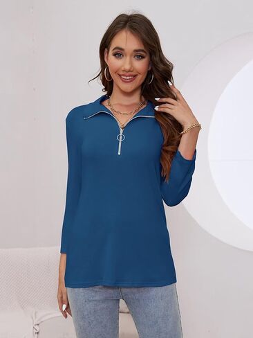 Minetom Women's V Neck 3/4 Sleeve Tops Quarter Zip Collared Shirts Polo Shirts Summer Tees in Kuwait