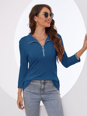 Minetom Women's V Neck 3/4 Sleeve Tops Quarter Zip Collared Shirts Polo Shirts Summer Tees in Kuwait