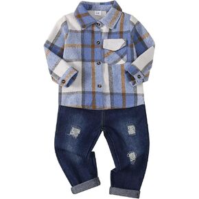 Baby Toddler Boy Clothes Kids Red Plaid Shirt Ripped Holes Jeans Fall Winter Outfit Set 1-5T in Kuwait