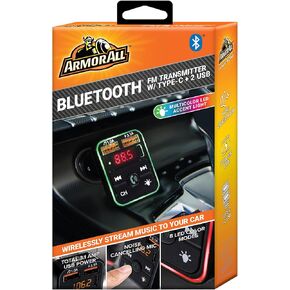 Armor All Bluetooth FM Transmitter and Car Charger, 3.4Amp Type-C and Dual USBA Ports, Voice Assisantace and Built-in Microphone with Echo Reduction