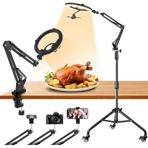 Ring Light Overhead Phone Mount with Casters, Dual-Purpose Floor/Desk Ring Light Tripod for iPhone, Selfie 10" Ring Light Phone Tripod for Video Recording/Live Streaming/Cooking